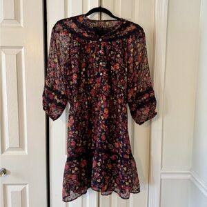 LOFT Navy Floral Swiss Dot Dress - Three-Quarter Sleeve, Sheer Sleeves, Elastic